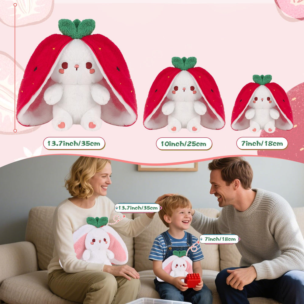 MIAODAM Strawberry Bunny plush close-up shows soft, durable fabric.