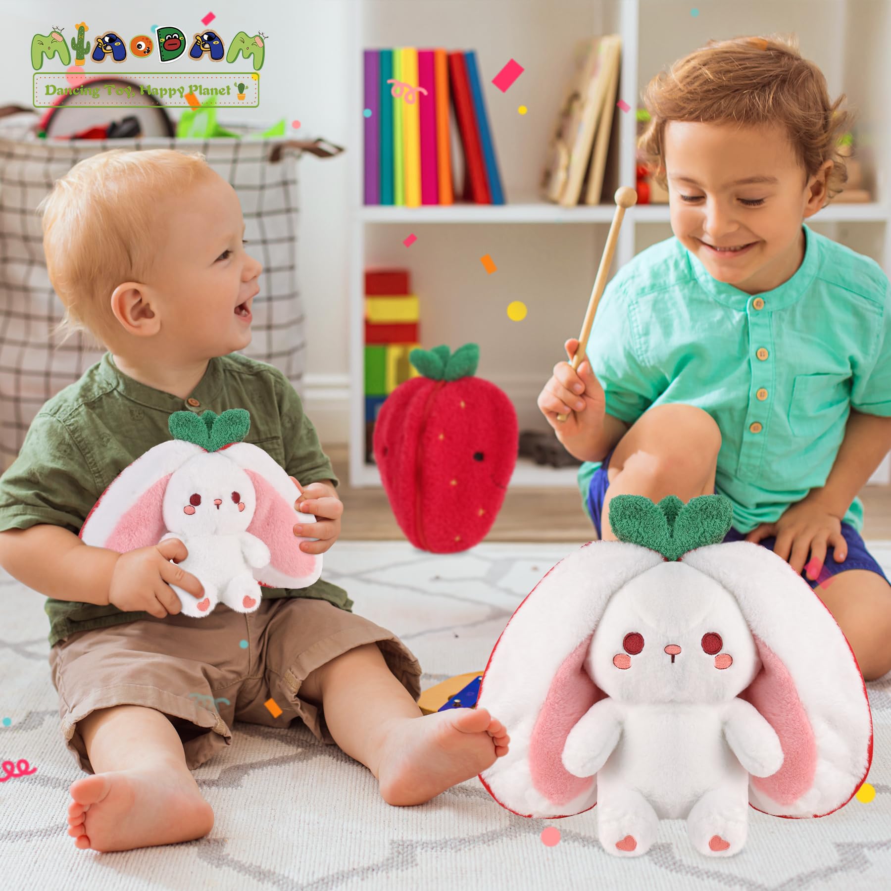 MIAODAM Strawberry Bunny plush in nursery decor adds whimsy.