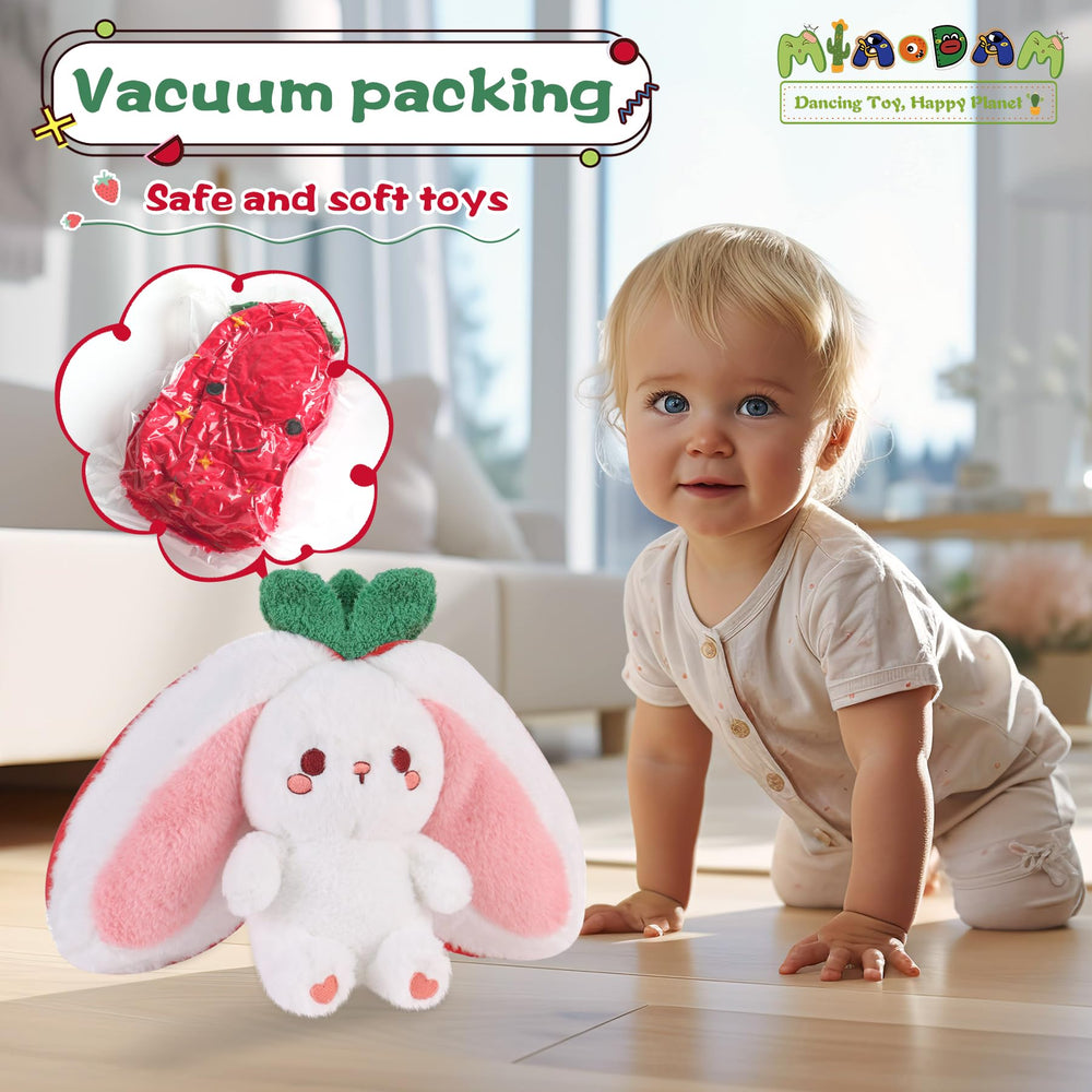 MIAODAM Strawberry Bunny plush in reversible play concept for storytelling.