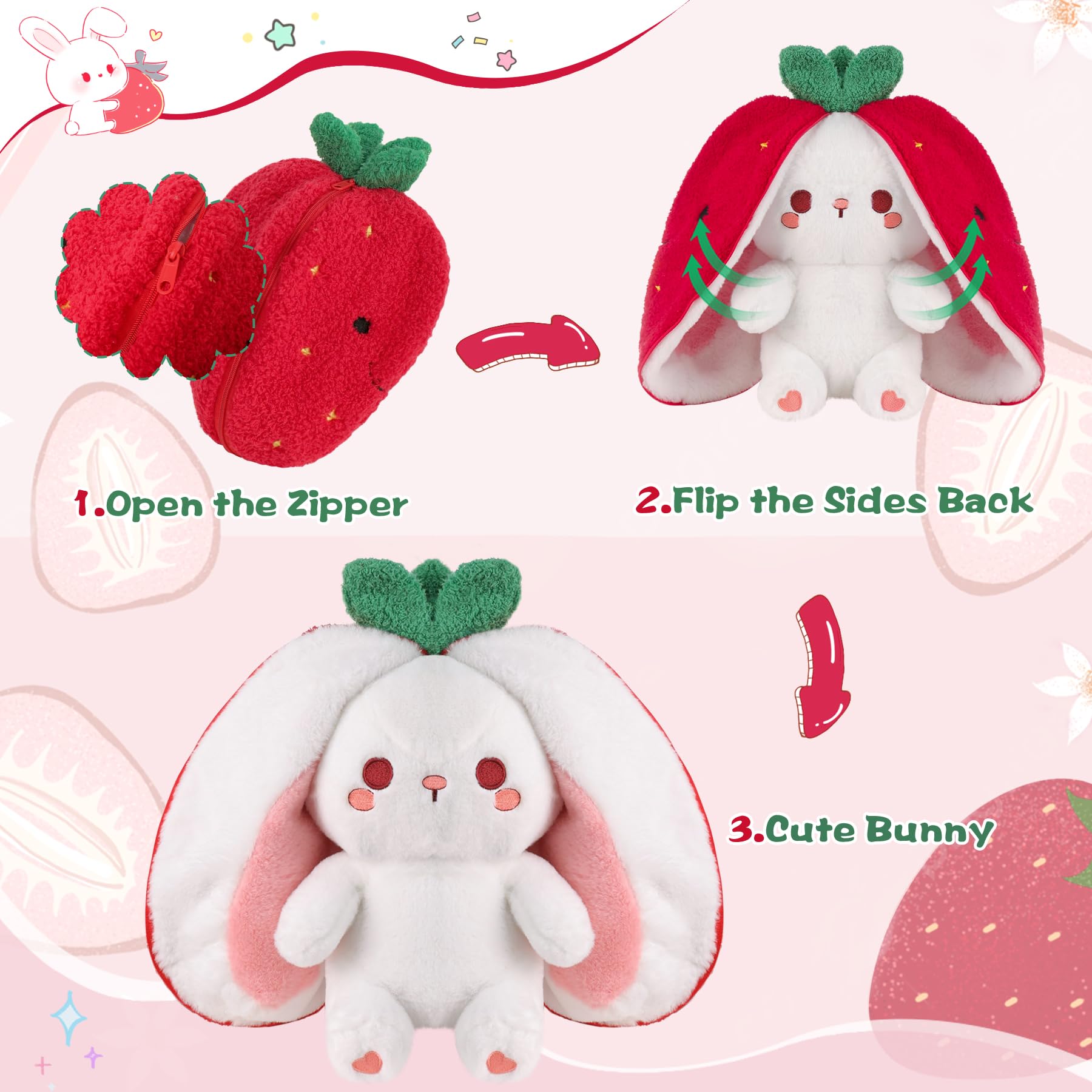 MIAODAM Strawberry Bunny plush zip-transform demonstrates reversible play.