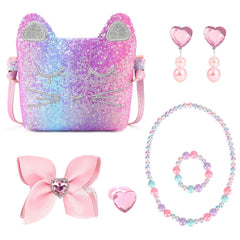 Mibasies cat purse side view showing rainbow glitter material for sparkly style