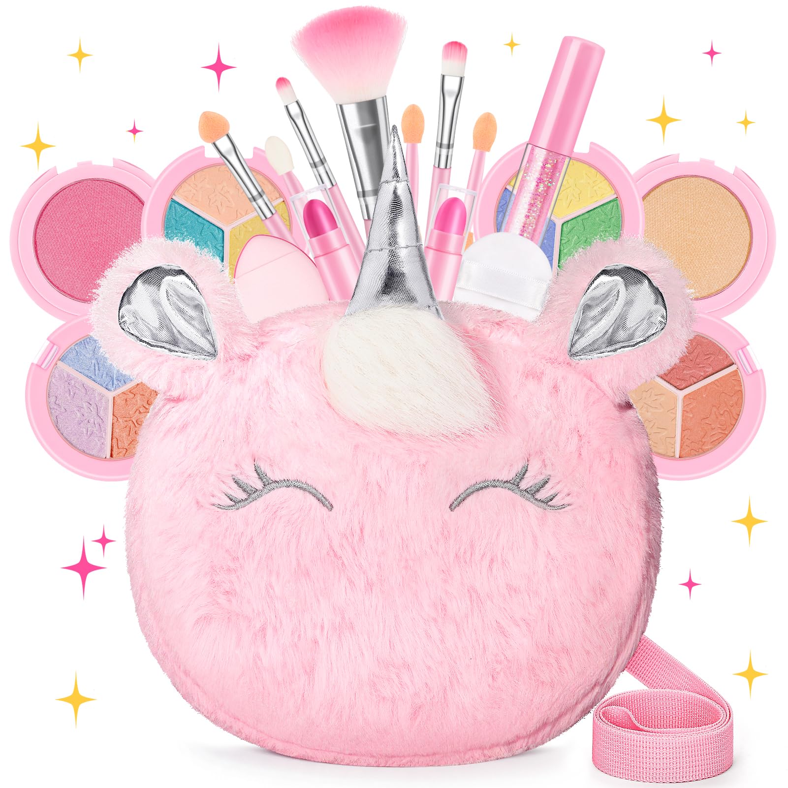 Mibasies kids makeup set with unicorn purse—portable, washable play kit for on-the-go imagination.