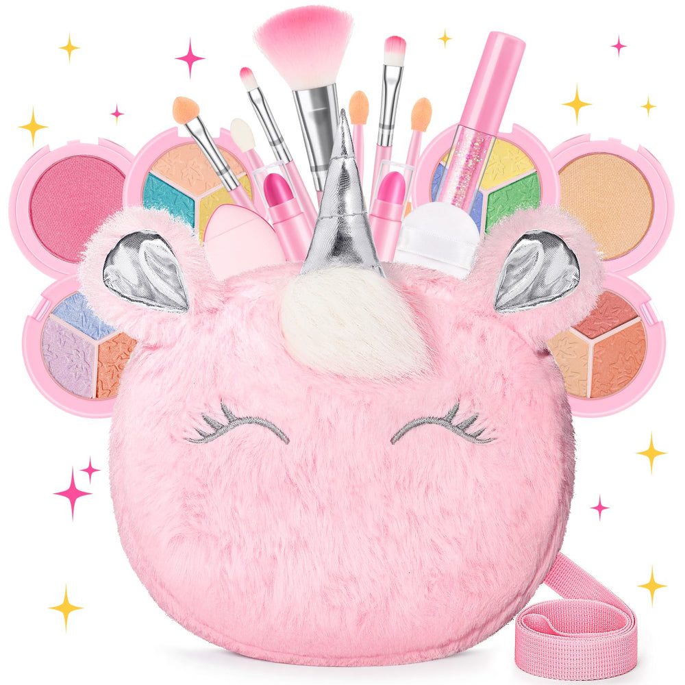 Mibasies kids makeup set with unicorn purse—portable, washable play kit for on-the-go imagination.