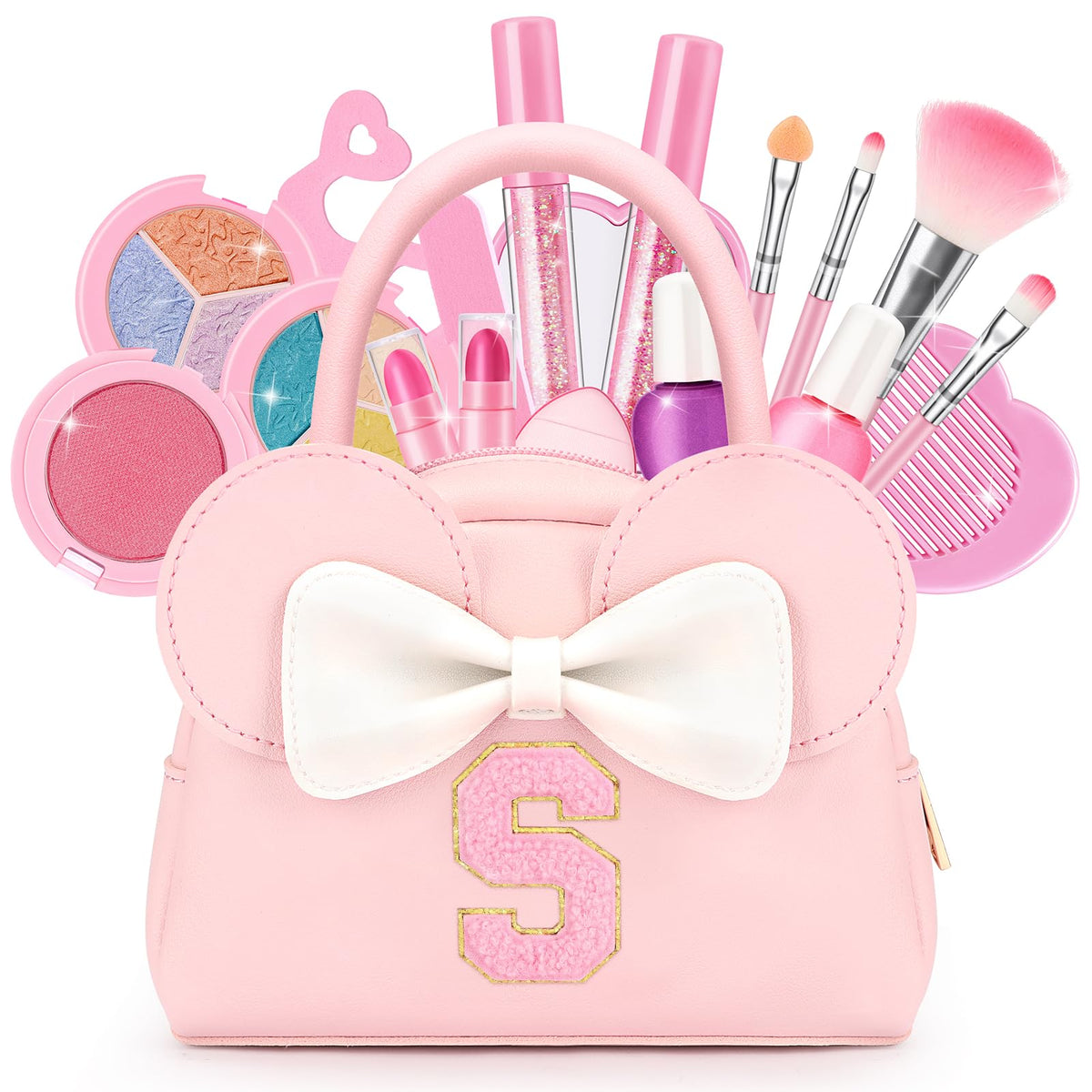 Mibasies kids real makeup kit with mini mouse purse for on-the-go pretend play.