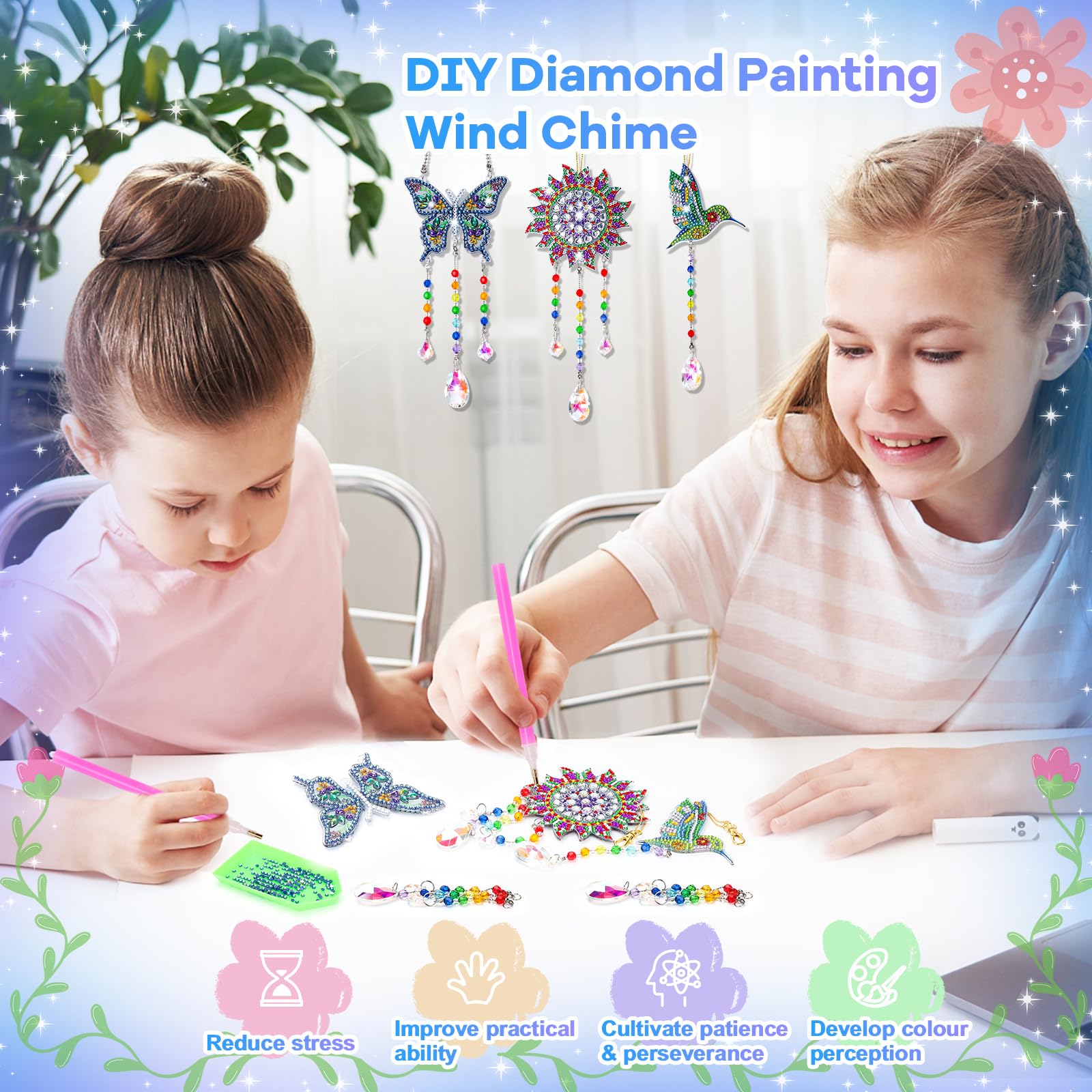 Micaracy Diamond Art Kit suncatcher pendants catching sunlight.