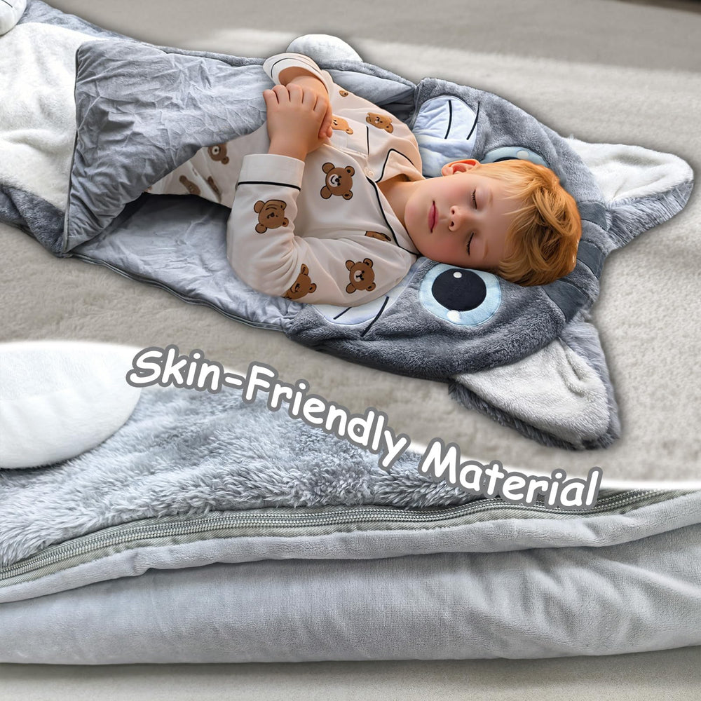 Micling cat design sleeping bag exterior plush texture ideal for travel.