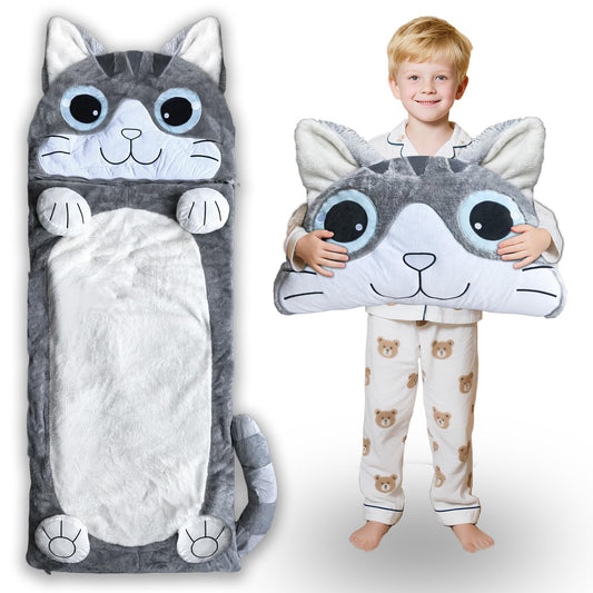 Micling plush cat sleeping bag nap mat for daycare, cozy and spacious.
