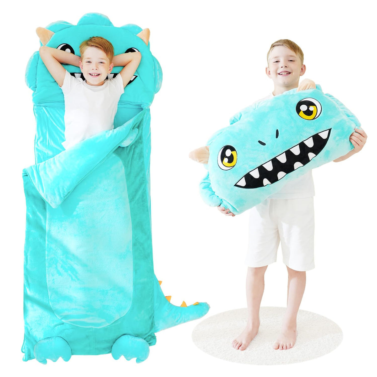 Micling kid sleeping bag with plush dinosaur design for cozy naps on the go.