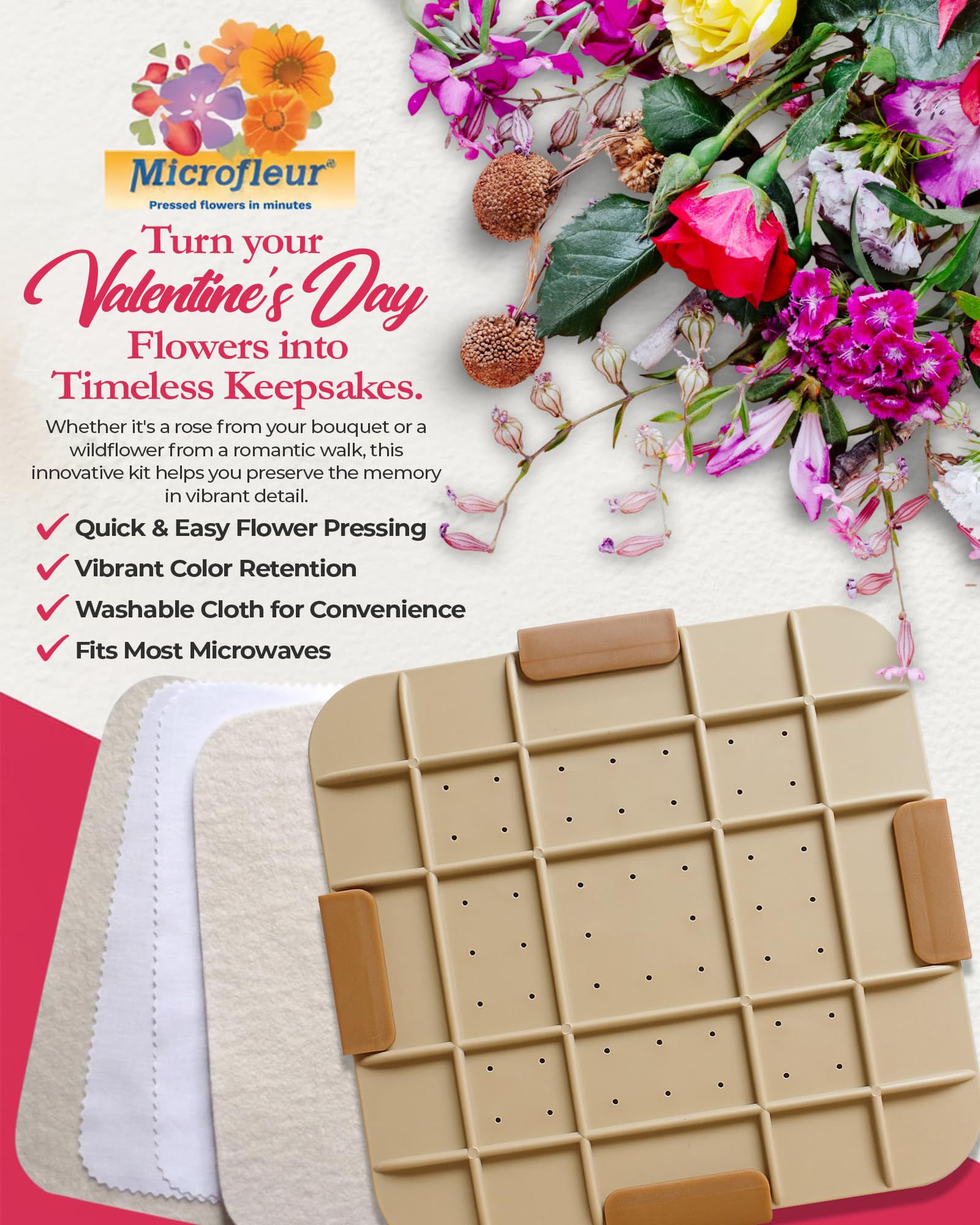 Microfleur press kit in microwave-ready setup for quick results.