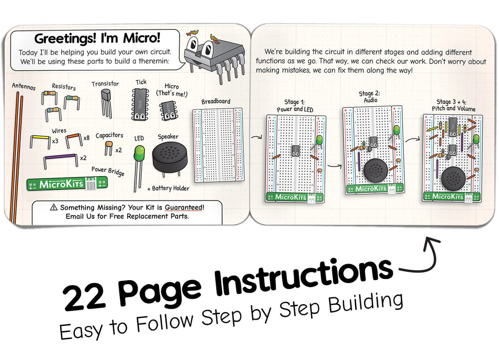 MicroKits Theremin instruction booklet with step-by-step guidance.