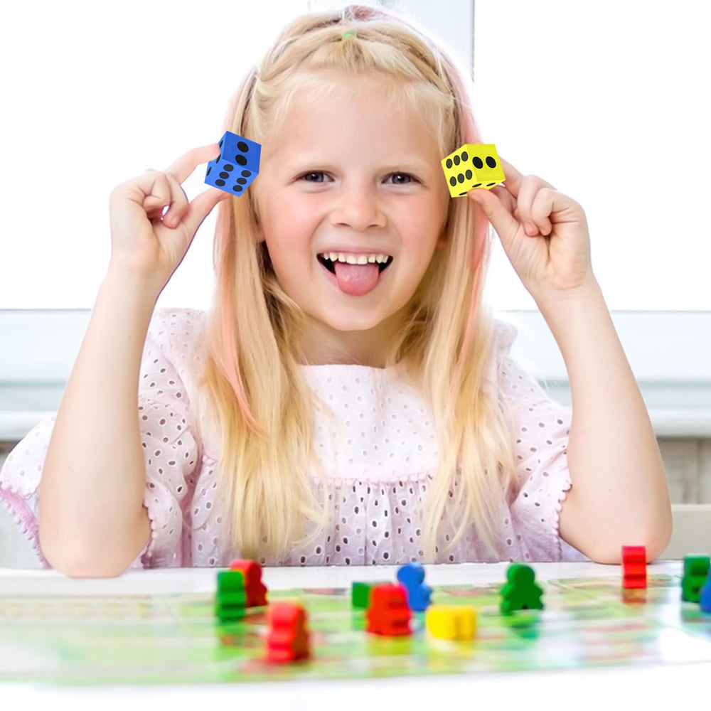 Classroom activity-ready Midelong foam dice for group learning.