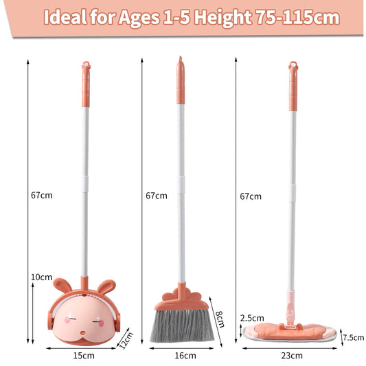 Midoneat pink cleaning dustpan set with brush supports toddler hand-eye coordination in playtime.