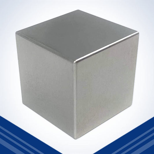 Midwest Tungsten Service tungsten cube 1.5-inch front view showing density