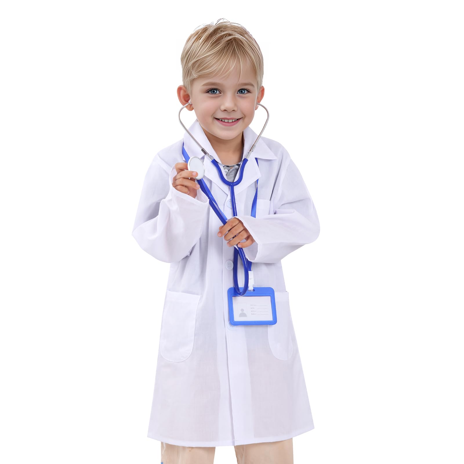 Mifengda child lab coat with button closure and pockets for easy wear.