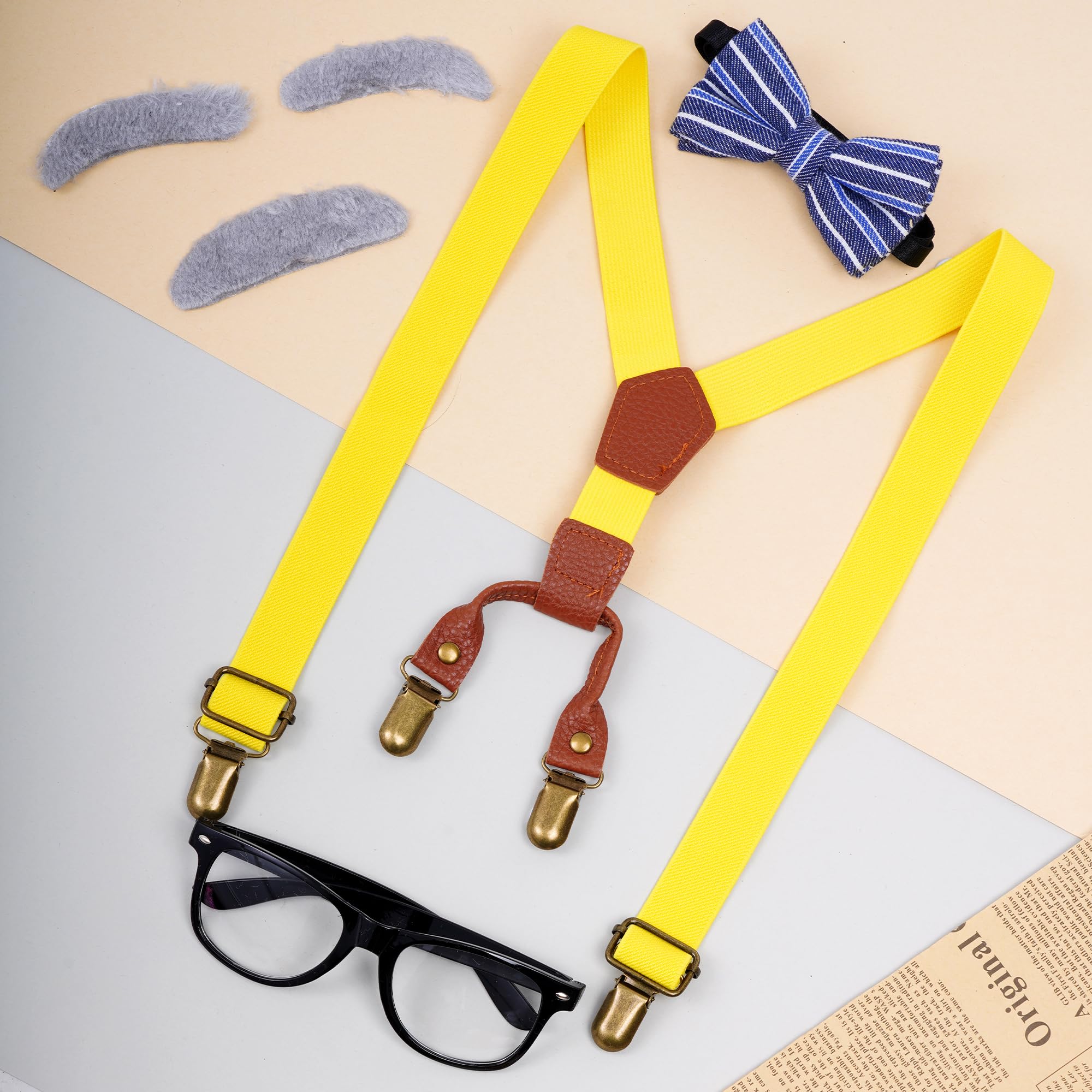Mifengda PU leather suspenders in yellow color with adjustable fit.