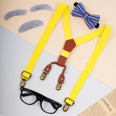 Mifengda PU leather suspenders in yellow color with adjustable fit.