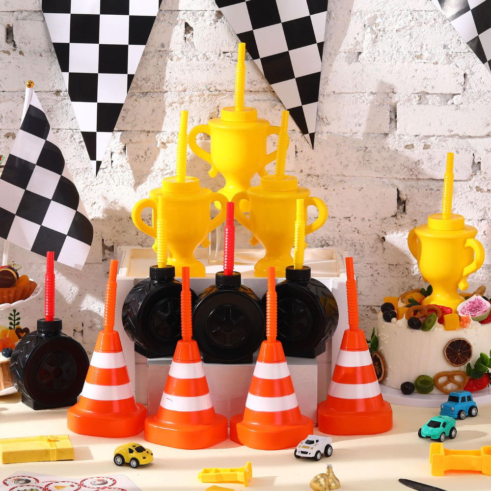 Mifoci race car cups showing yellow straw detail for easy sipping