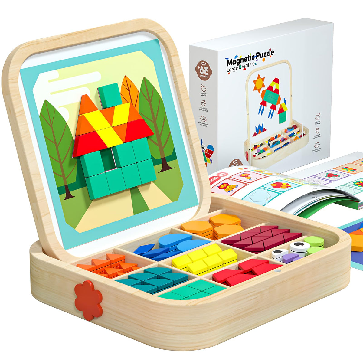 Migargle 288-piece wooden magnetic pattern blocks set for collaborative pattern exploration.