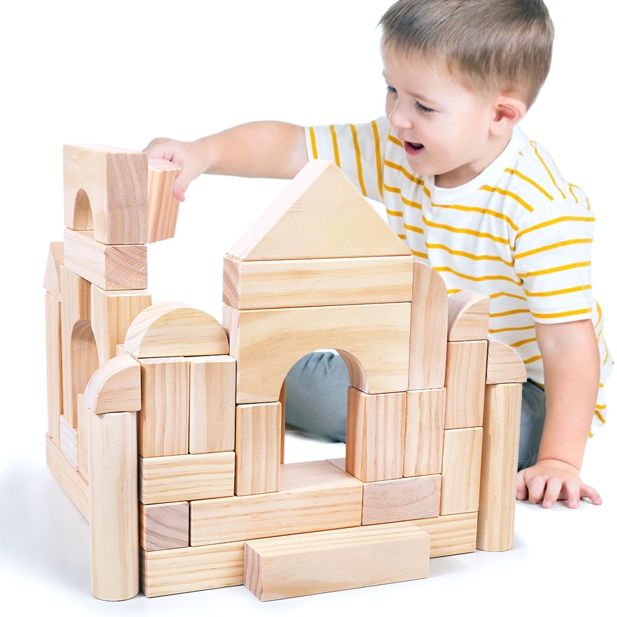 Migargle wooden blocks showcasing shapes sorting and early math concepts.