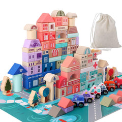 Migargle city construction blocks set on table to spark imaginative play and fine motor skills.