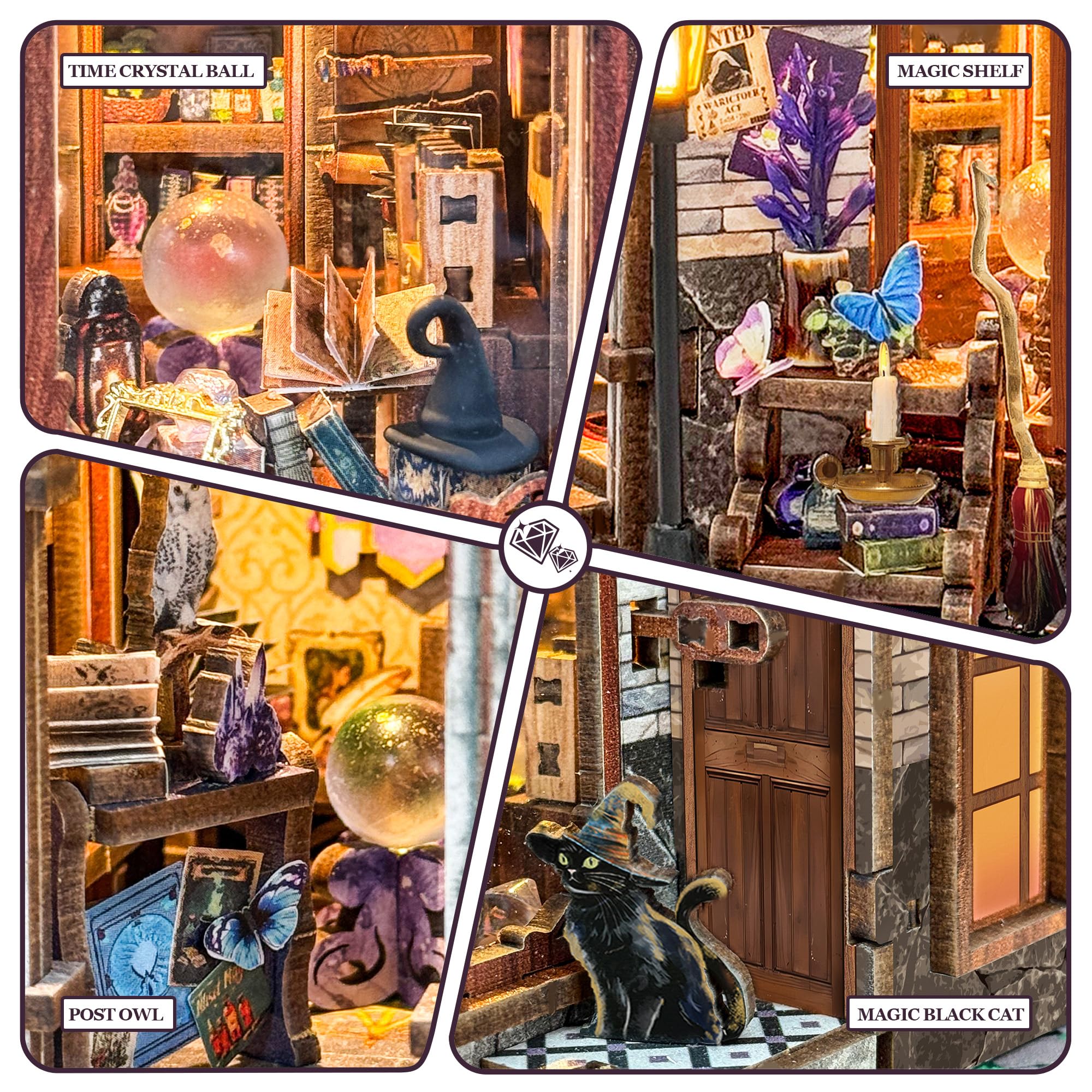 Miggley glowing lights illuminate the tiny clock shop ambiance