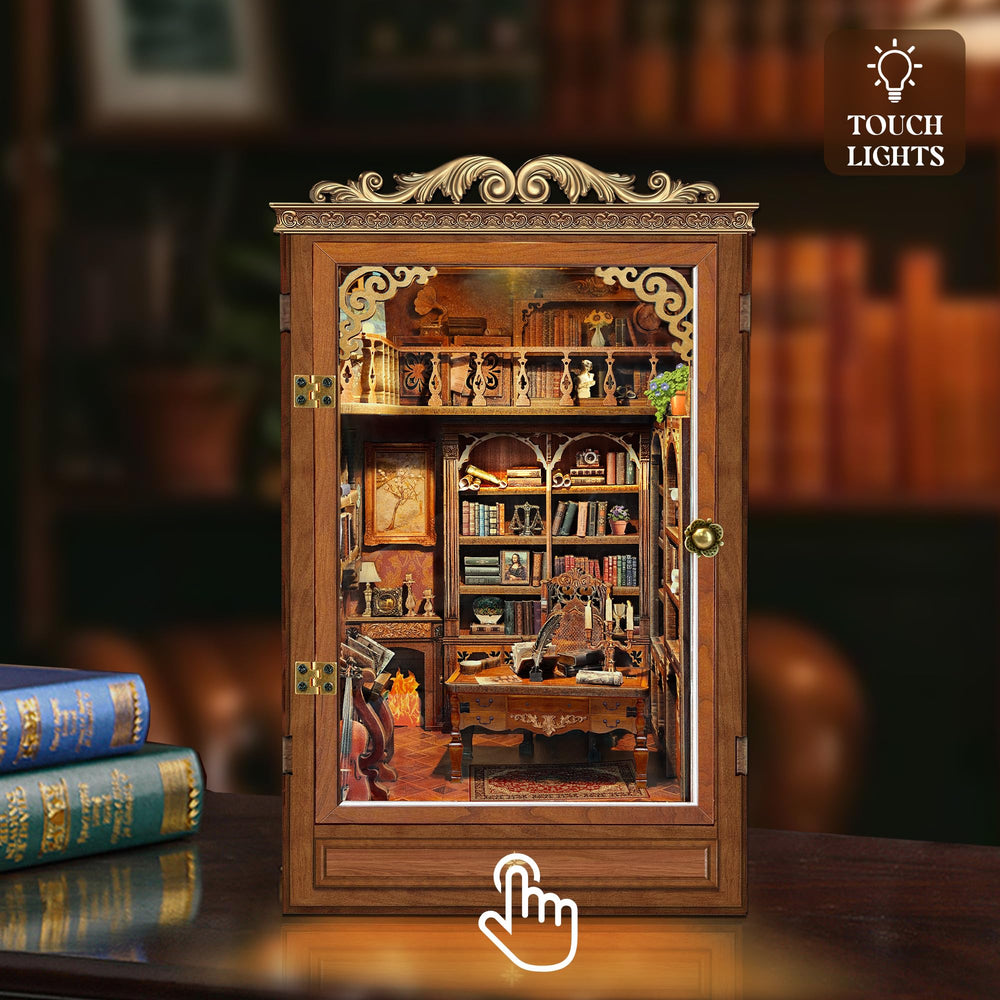 Miggley Time Book House paintings detail enhances quiet, refined shelf display
