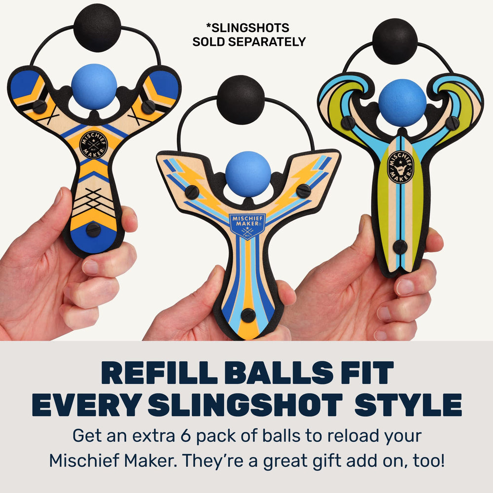 Mighty Fun! Mischief Maker wooden slingshot in use with foam balls.