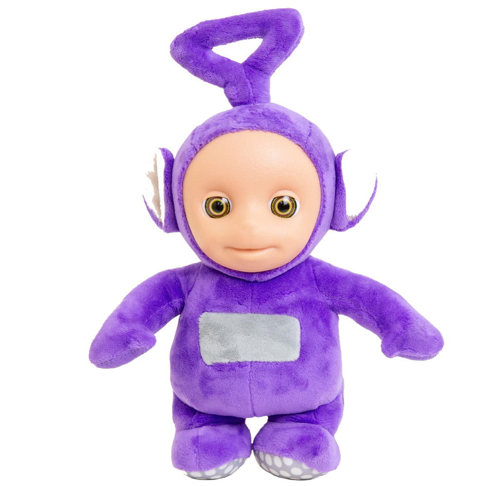 Mighty Mojo Teletubbies Tinky Winky plush front view, cuddly companion with interactive phrases for imaginative play.