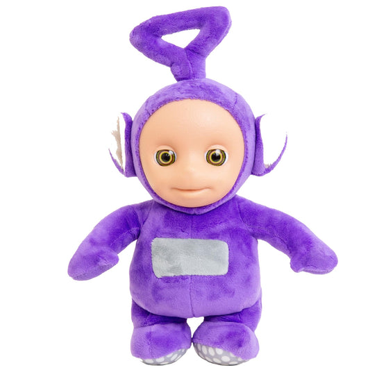 Mighty Mojo Teletubbies Tinky Winky plush front view, cuddly companion with interactive phrases for imaginative play.