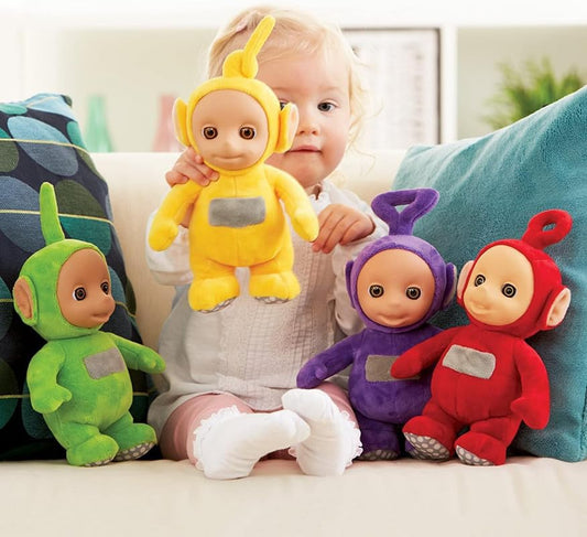 Mighty Mojo Teletubbies Tinky Winky plush side view, soft fabric ideal for hugs and storytelling.