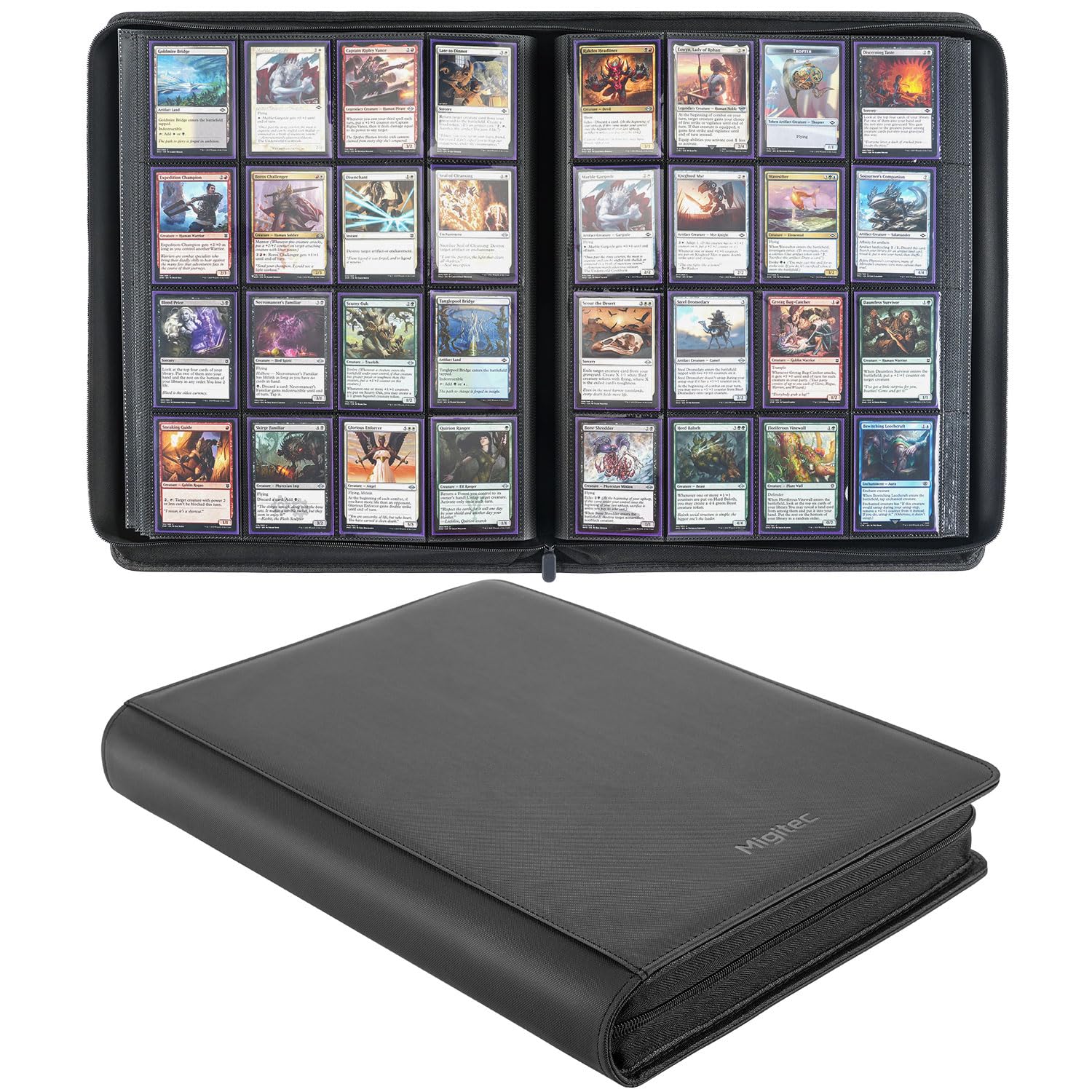 Migitec 16-pocket binder front cover shows premium waterproof PU leather for protected card storage.