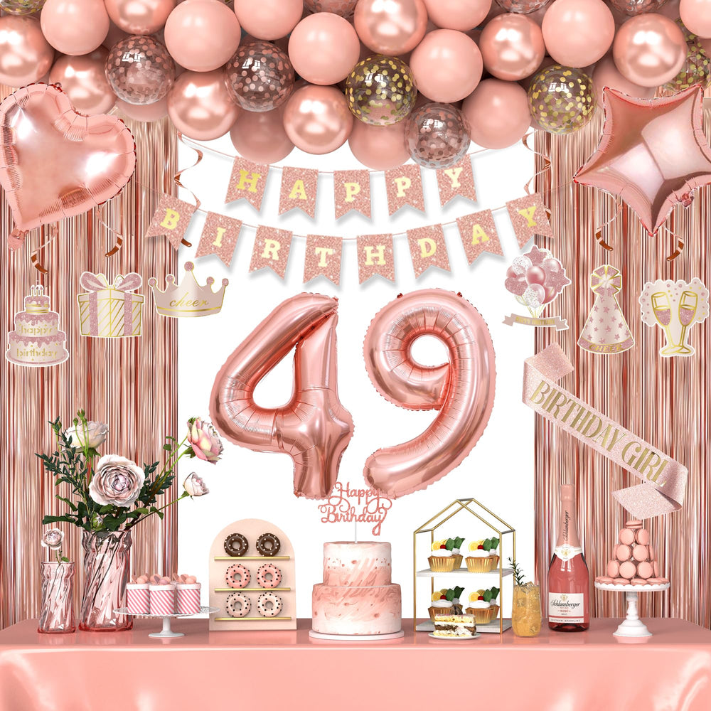 Miidenks rose gold 49th birthday banner creates an elegant party backdrop.