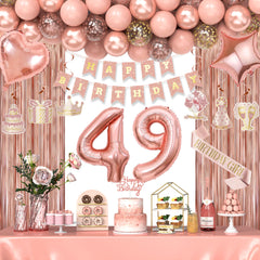 Miidenks rose gold 49th birthday banner creates an elegant party backdrop.