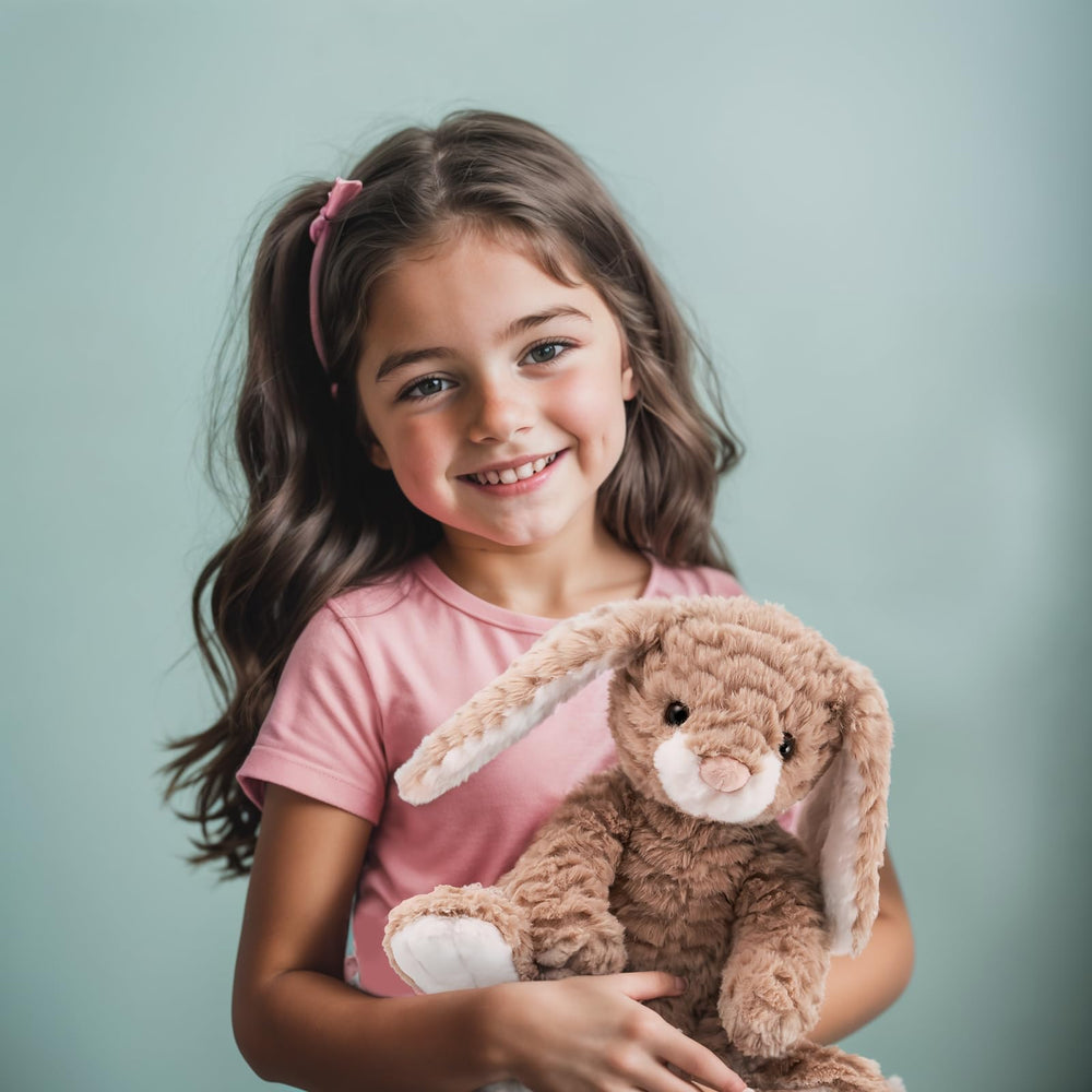 Mikee Fluffie Bunny decor-friendly soft toy on a bedroom shelf.
