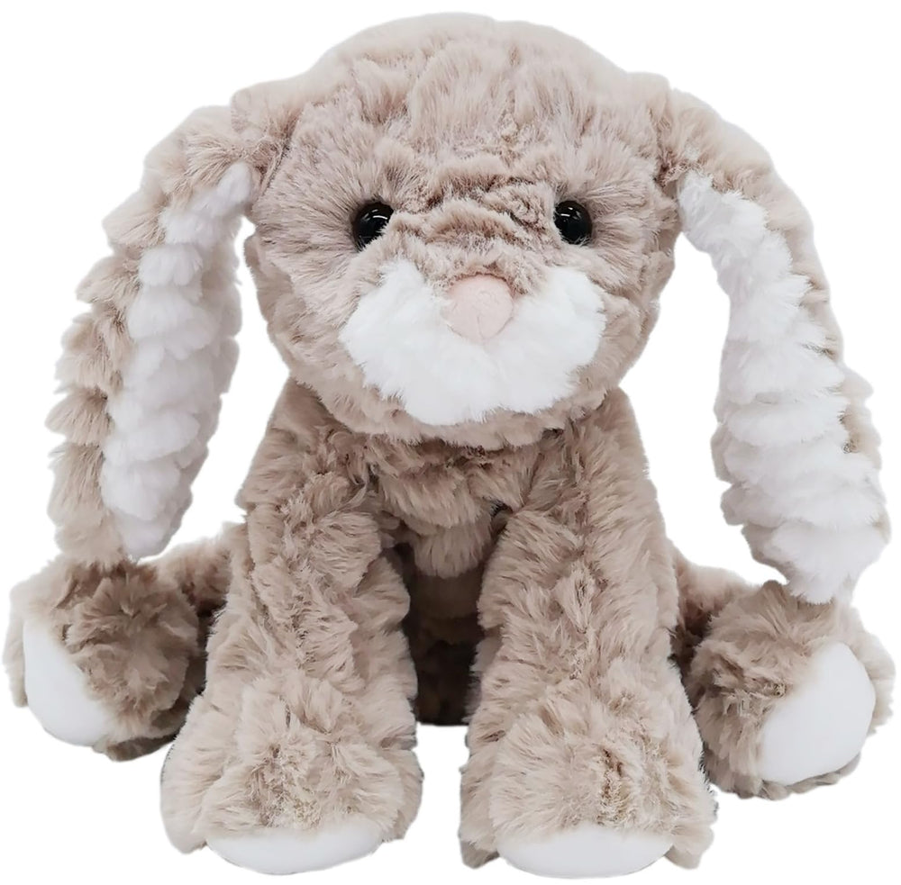Mikee Fluffie Bunny plush face closeup shows rippled fur texture for tactile comfort.