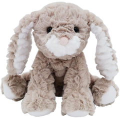 Mikee Fluffie Bunny plush face closeup shows rippled fur texture for tactile comfort.