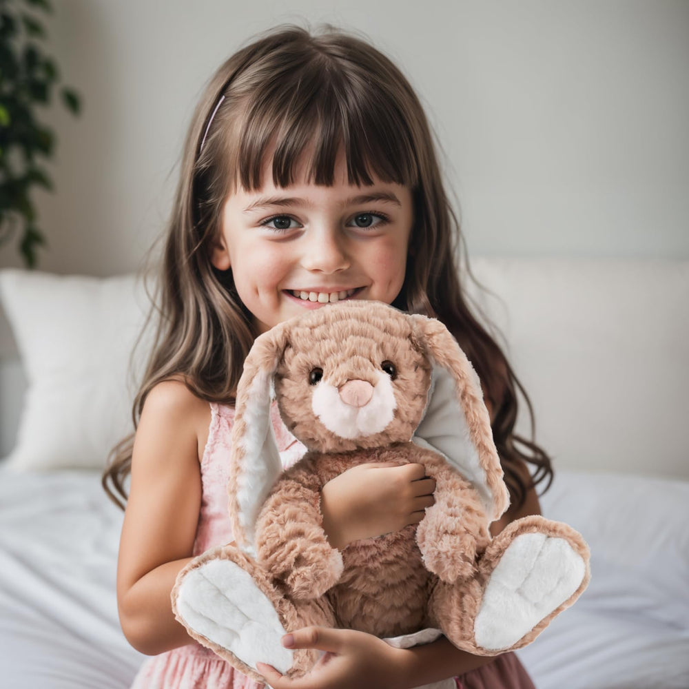 Mikee Fluffie Bunny plush companion aids nap time and bedtime rituals.