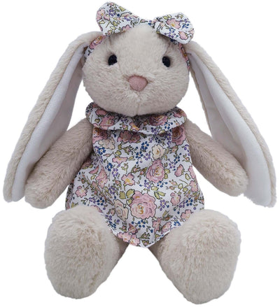 Mikee Fluffie Easter Bunny with flower fabric clothes and bow tie for Easter decor.