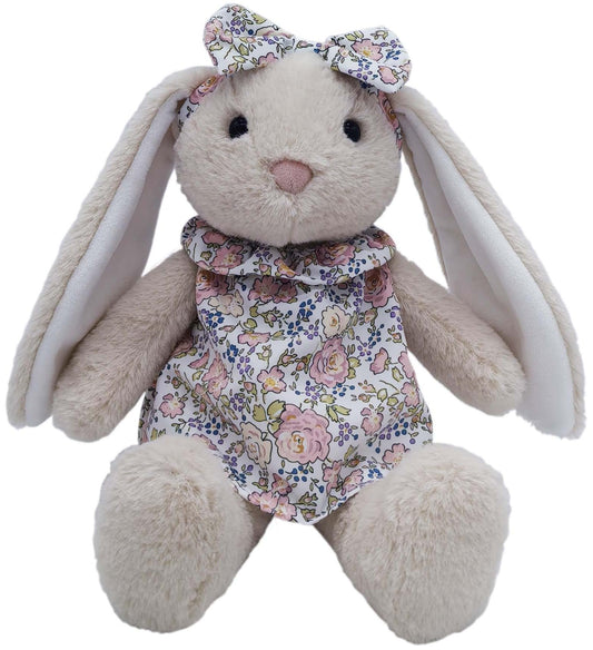 Mikee Fluffie Easter Bunny with flower fabric clothes and bow tie for Easter decor.