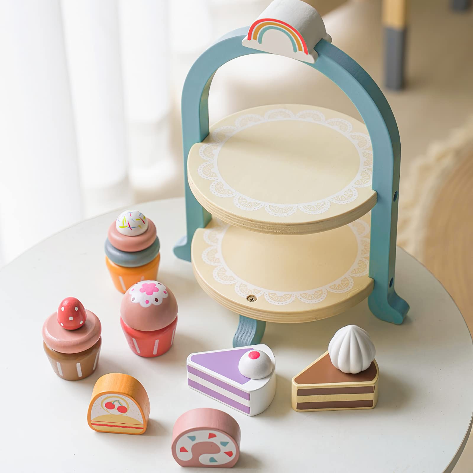 MIKNEKE wooden dessert stand with treats for pretend dining and display