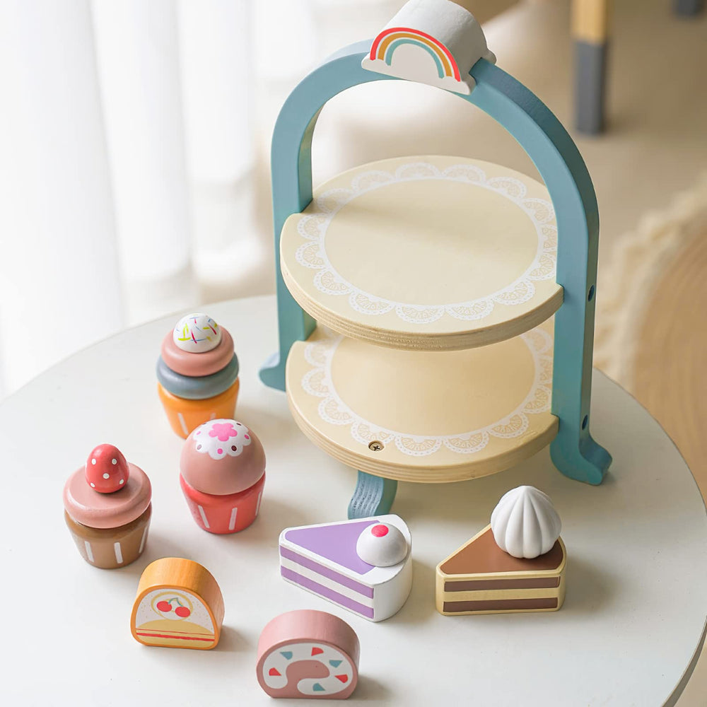MIKNEKE wooden dessert stand with treats for pretend dining and display