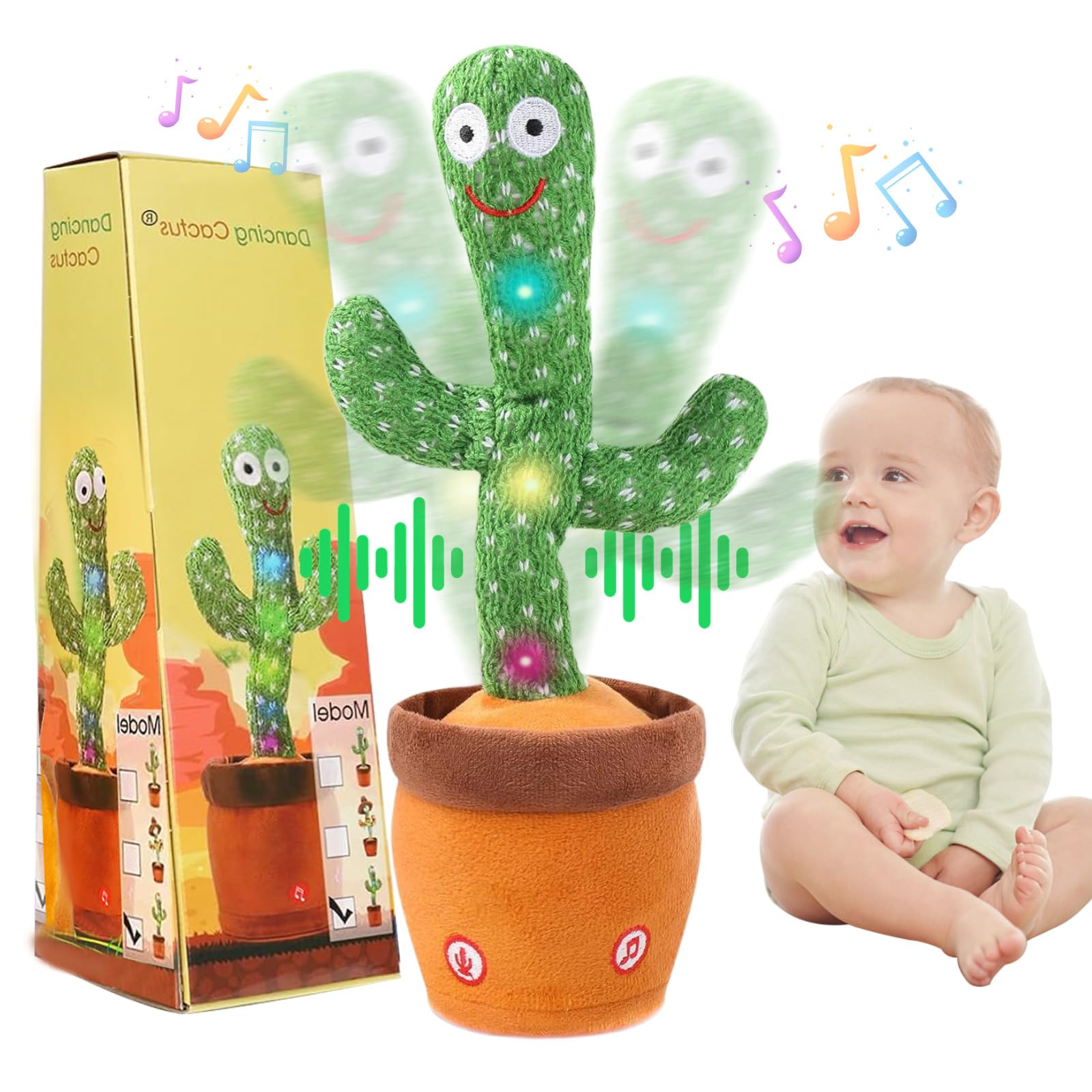 MILEGI Dancing Talking Cactus Toy with LED lights engages baby during tummy time.