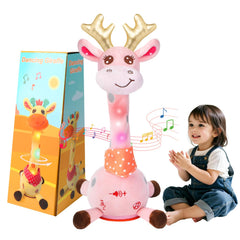 MILEGI dancing giraffe toy with pink face lights up and invites tummy time play.