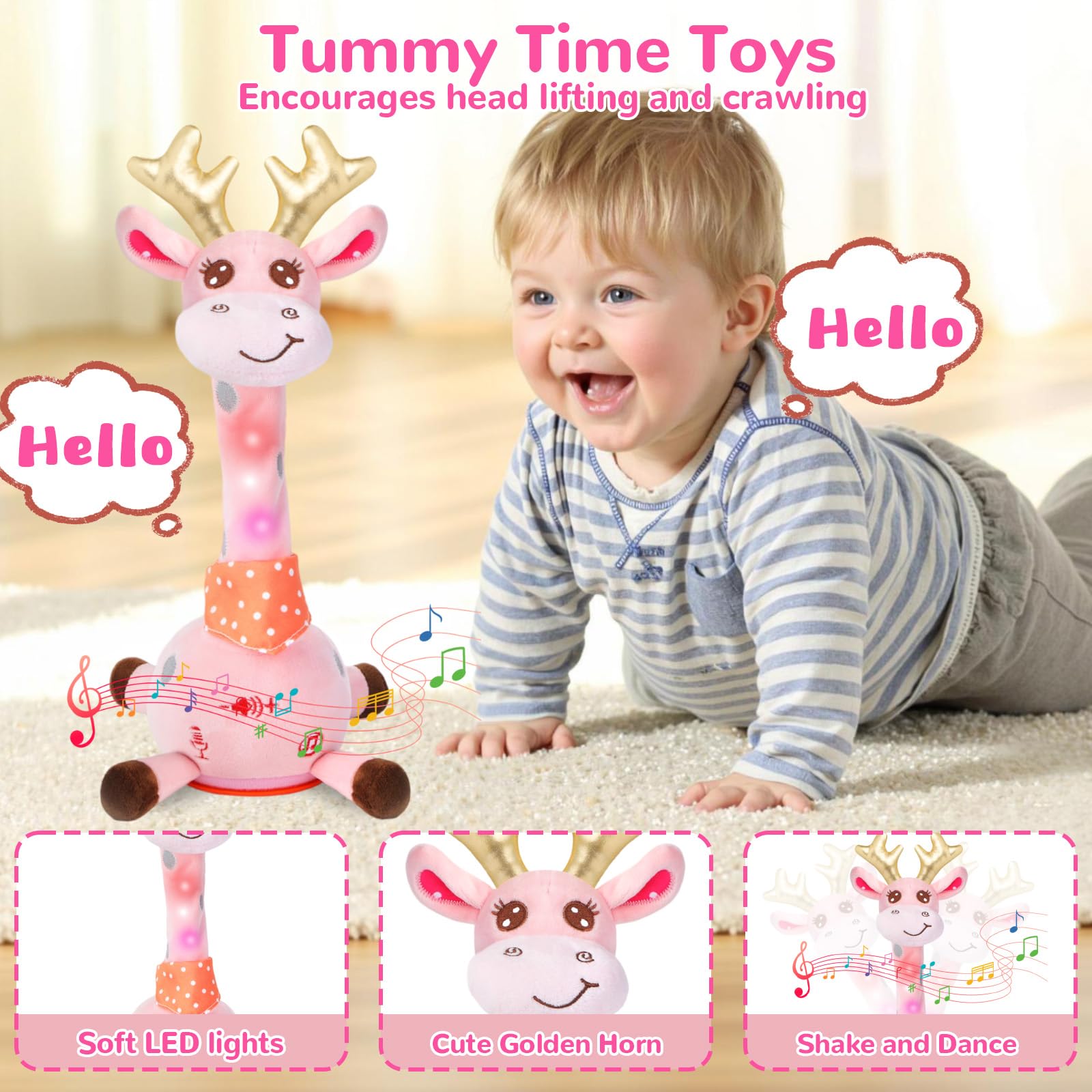 MILEGI volume-controlled giraffe toy showing easy sound level adjustment.