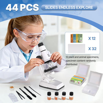Mileonaim 61-piece kit content including slides and tools for budding scientists.