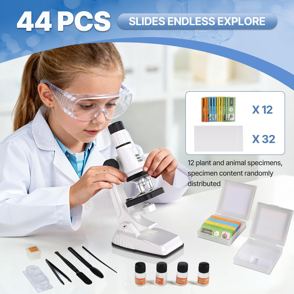 Mileonaim 61-piece kit content including slides and tools for budding scientists.