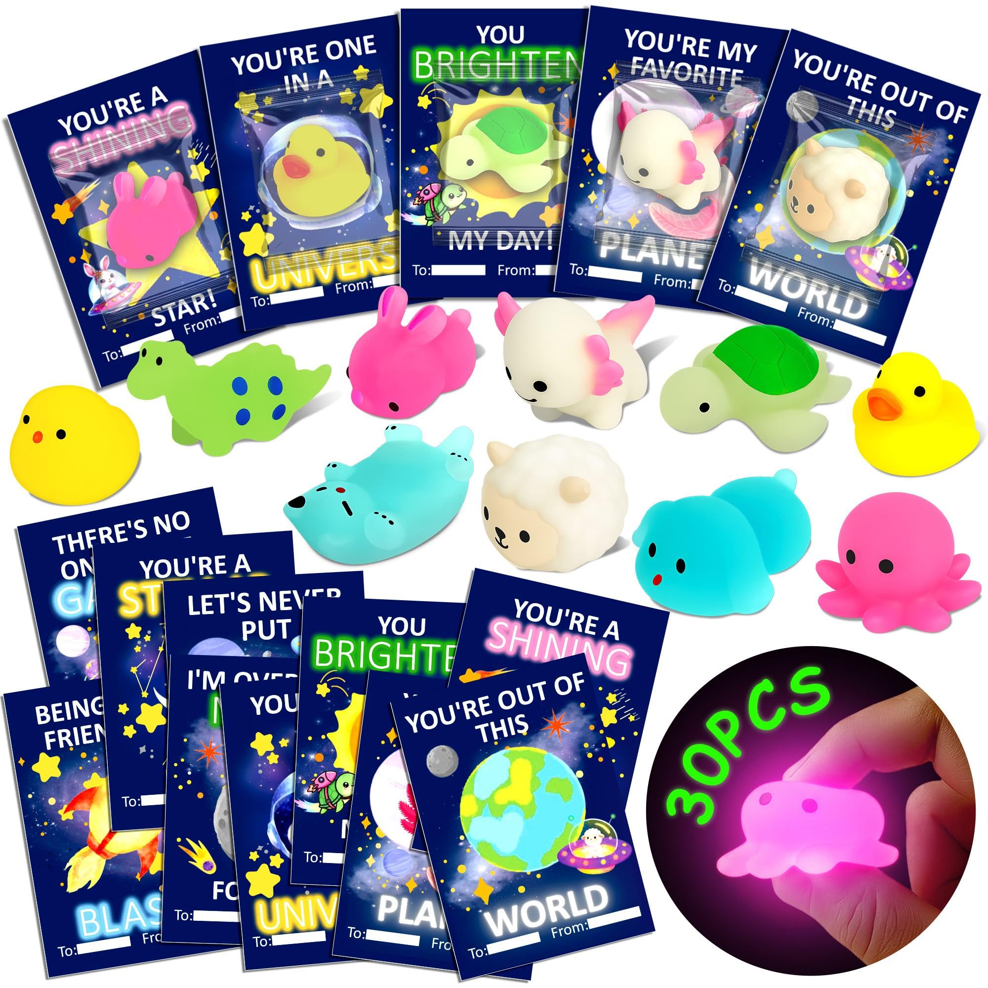 Milianquill Valentine cards with mochi squishies for classroom sharing.