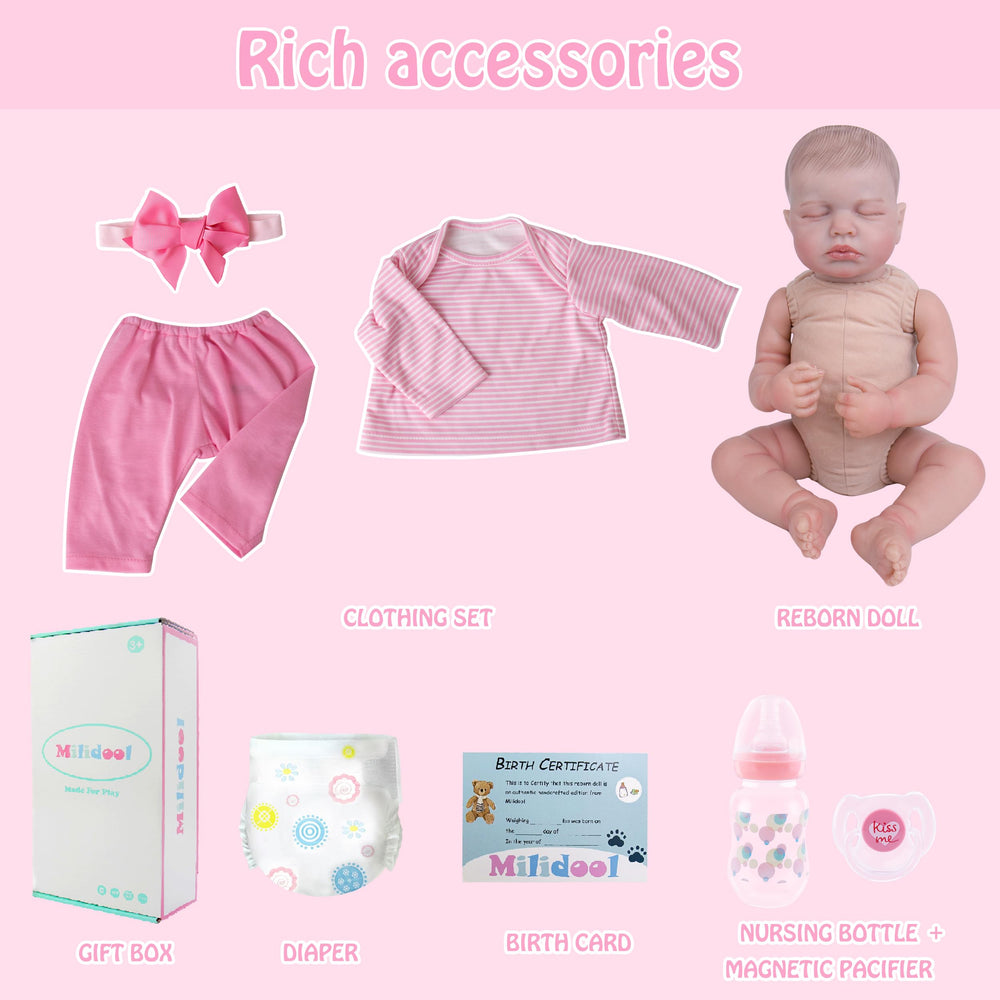 Milidool birth certificate and accessories complete a gift-ready presentation.