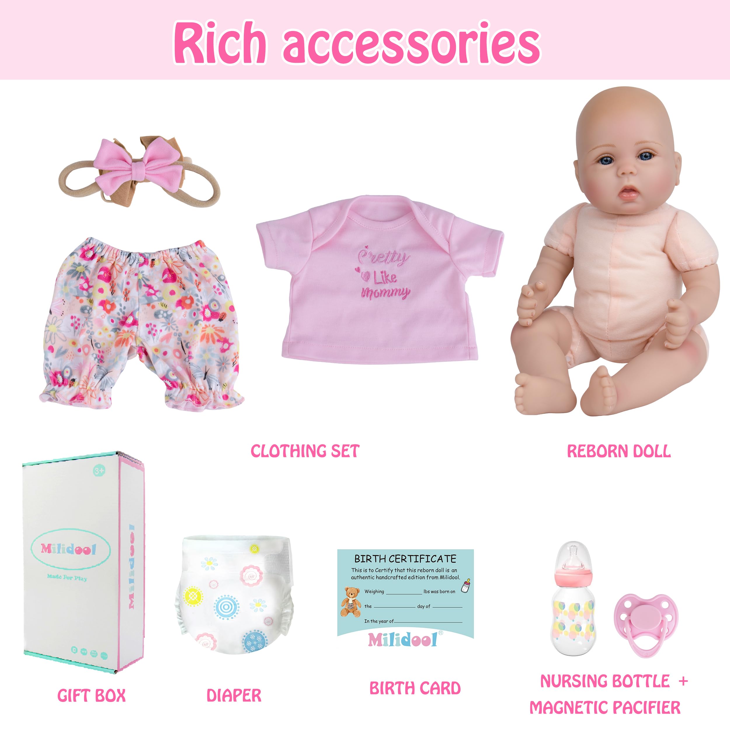 Milidool 18-inch doll fits three-month clothing for realistic wardrobe play.