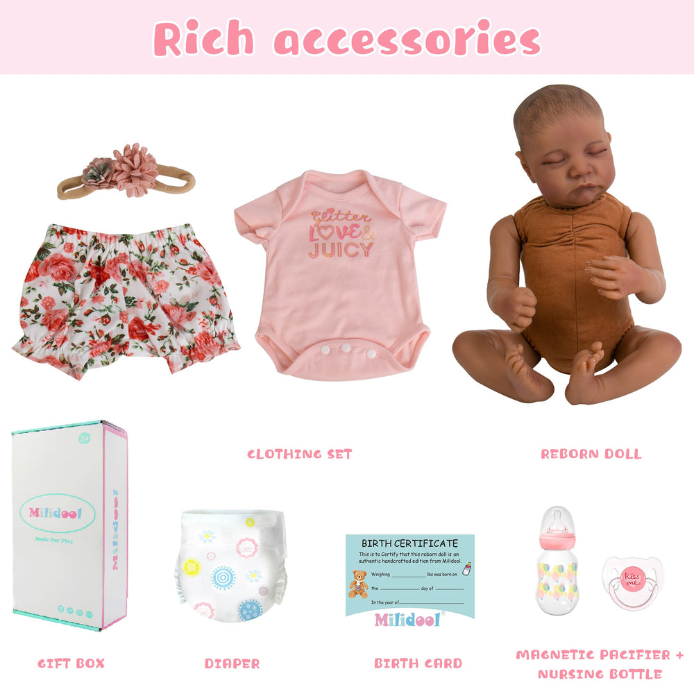 Milidool gift-set items include outfits, bottle, pacifier, and birth certificate.